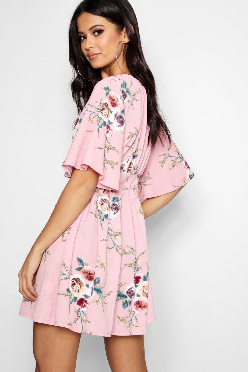 Lace Up Front Angel Sleeve Skater Dress